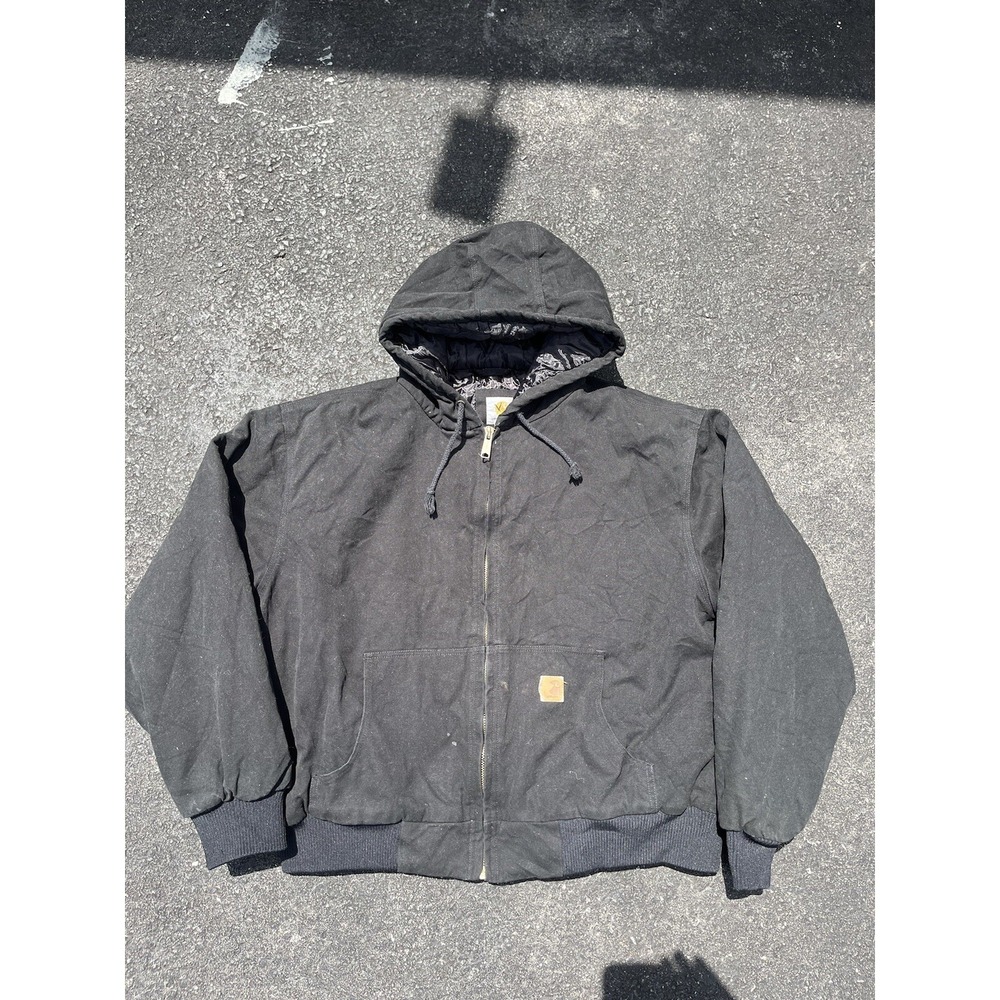 Carhartt Jacket Mens Black Hooded Full Zip Quilted Work Coat J130 Size 2XL